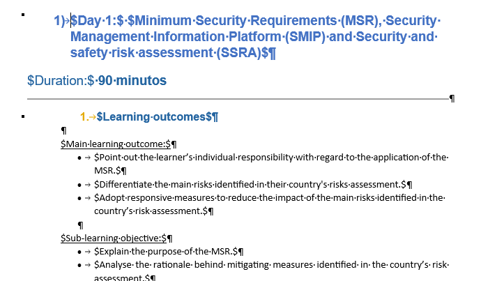 Screenshot of a document in Trados Studio with formatting tags visible around text such as 'Day 1', 'Minimum Security Requirements', and 'Learning outcomes'. Duration is listed as '90 minutos'.