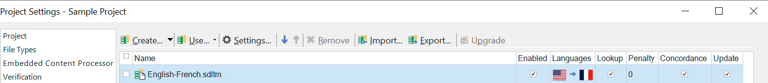 Screenshot of Trados Studio Project Settings showing a Sample Project with options like Create, Use, Settings, Remove, Import, Export, and Upgrade. An English-French .sdlm file is listed with Enabled and Update checkboxes checked.