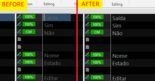 Side-by-side comparison of Trados Studio interface before and after a settings change. The 'BEFORE' side shows rows with dark and light green color blocks, while the 'AFTER' side shows the same rows with uniform green color blocks, indicating improved color settings.