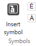 Trados Studio screenshot showing the 'Insert symbol' function with symbols E with acute and A with acute recently used.