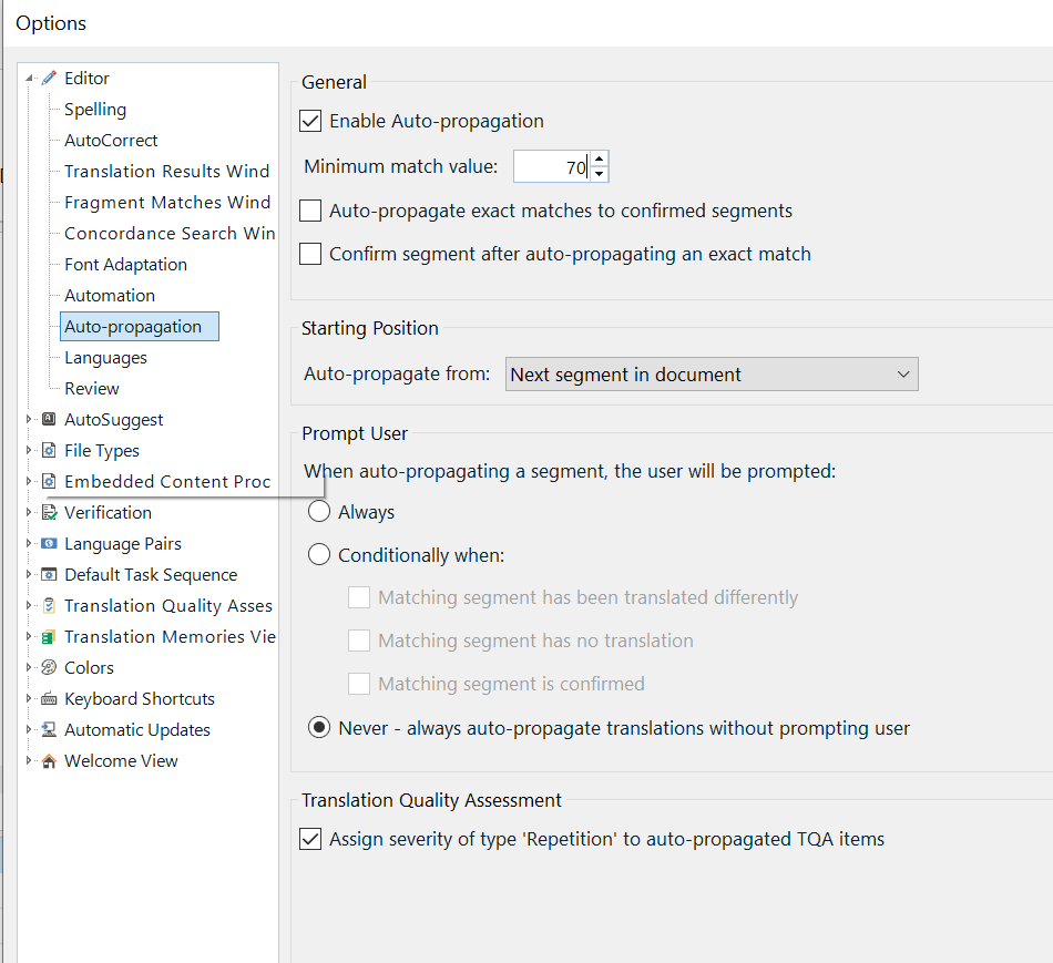 Screenshot of Trados Studio Options dialog showing Editor settings with Auto-propagation section. 'Enable Auto-propagation' is checked, 'Minimum match value' is set to 70 percent.