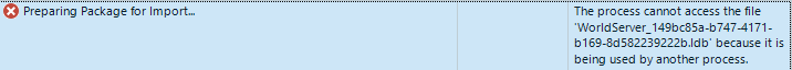 Error message in Trados Studio: 'Preparing Package for Import... The process cannot access the file WorldServer_scrambled.ldb' because it is being used by another process.