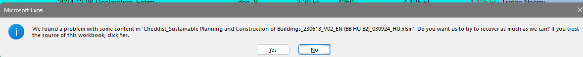 Error message in Microsoft Excel stating 'We found a problem with some content in Checklist_Sustainable Planning and Construction of Buildings. Do you want us to try to recover as much as we can? If you trust the source of this workbook, click Yes.' with Yes and No buttons.