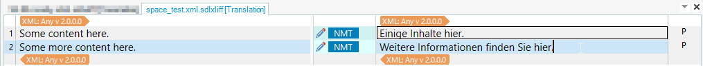 Screenshot of Trados Studio interface showing two segments. Segment 1 has a black frame around the target text 'Einige Inhalte hier.' Segment 2 target text is 'Weitere Informationen finden Sie hier,' partially obscured by a cursor.