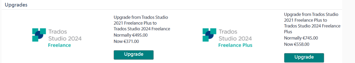 Screenshot showing two upgrade options for Trados Studio. Left option: Upgrade from Trados Studio 2021 Freelance Plus to Trados Studio 2024 Freelance, discounted price EUR 371.00, normal price EUR 495.00. Right option: Upgrade to Trados Studio 2024 Freelance Plus, discounted price EUR 558.00, normal price EUR 745.00.