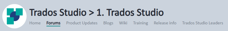 Trados Studio webpage header with logo, showing navigation links for Home, Forums, Product Updates, Blogs, Wiki, Training, Release info, and Trados Studio Leaders.