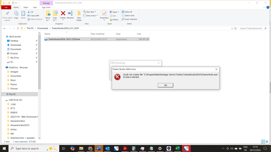 Error message during Trados Studio 2024 installation: 'Could not create file C:ProgramDataPackage CacheTradosTradosStudio2024ChiefHarborist.exe'. Access is denied.