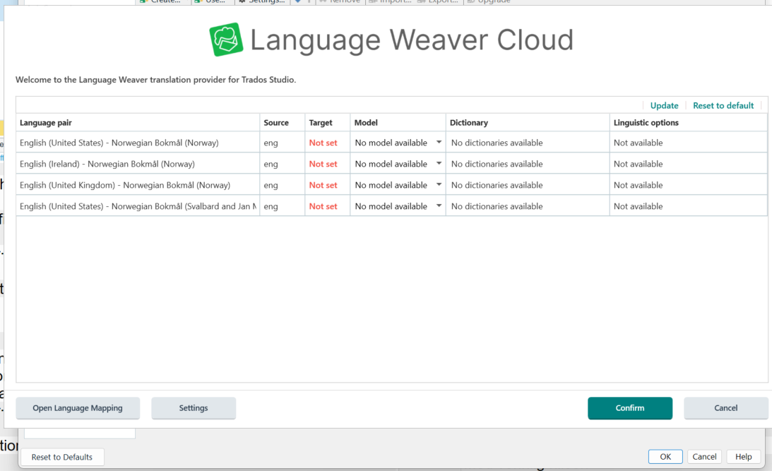 Screenshot of Language Weaver Cloud settings in Trados Studio showing language pairs with 'Not set' in the Target column and 'No model available' in the Model column.