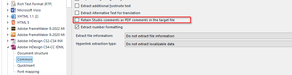 Trados Studio settings with 'Retain Studio comments as PDF comments in the target file' option checked.