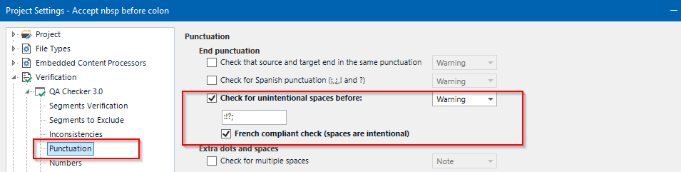 Screenshot of Trados Studio project settings with 'Punctuation' selected and 'Check for unintentional spaces before' option checked.