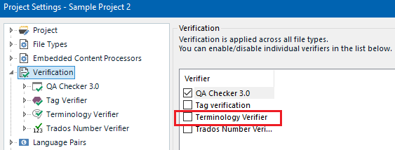 Screenshot of Trados Studio Project Settings showing the Verification tab with a list of verifiers. The 'Terminology Verifier' is unchecked, indicating it is disabled.