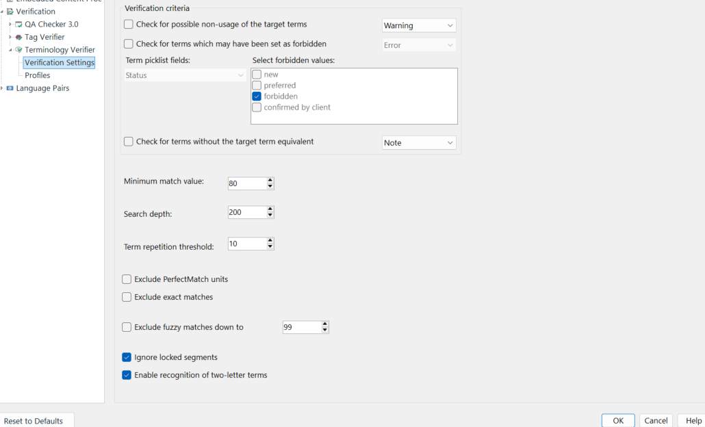 Screenshot of Trados Studio Verification Settings showing options for QA Checker 3.0, Terminology Verifier, and other settings with checkboxes and dropdown menus for error handling.