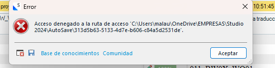 Error message in Trados Studio 2024 indicating 'Access denied to the path' with a file path in the user's OneDrive directory, with options for Knowledge Base and Community.