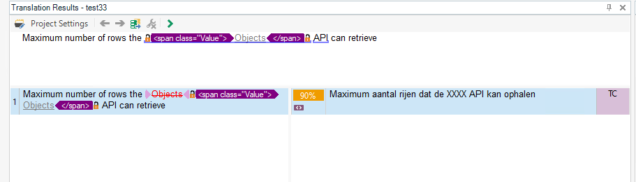 Screenshot of Trados Studio translation results window, showing a segment with mismatched HTML span tag highlighting in source and target.