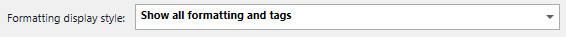 Dropdown menu with the option 'Show all formatting and tags' selected in Trados Studio.