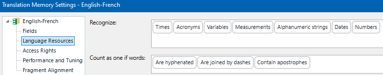 Screenshot of Translation Memory Settings in Trados Studio for English-French with options for recognizing Times, Acronyms, Variables, Measurements, Alphanumeric strings, Dates, Numbers.