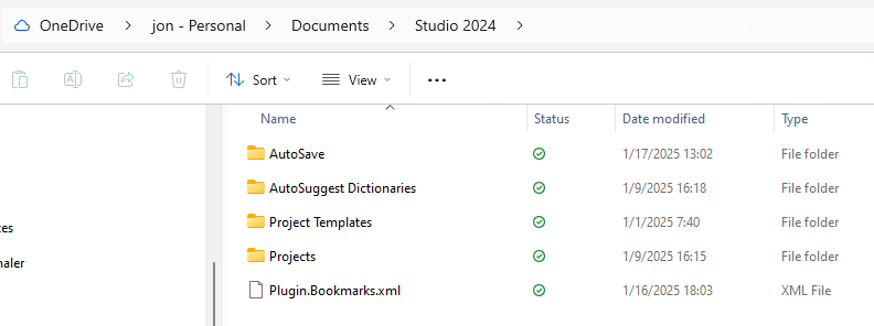 Screenshot of a OneDrive folder named 'Studio 2024' with subfolders for AutoSave, AutoSuggest Dictionaries, Project Templates, Projects, and an XML file named 'Plugin.Bookmarks.xml'.