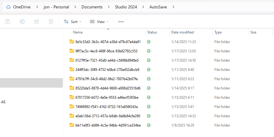 Screenshot of the 'AutoSave' subfolder within 'Studio 2024' on OneDrive, showing multiple folders with alphanumeric names, each indicating a different date and time modified.