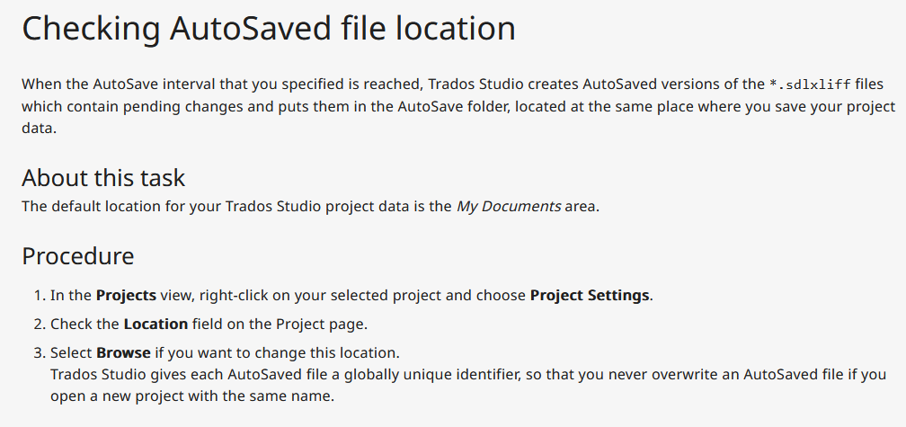 Screenshot of a help document titled 'Checking AutoSaved file location' explaining the AutoSave feature in Trados Studio and how to check and change the AutoSave file location.