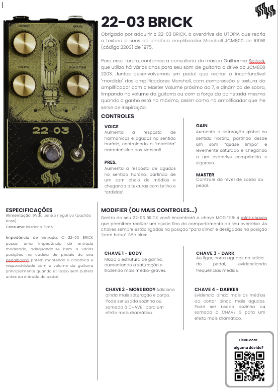 First screenshot shows a product information page for 22-03 BRICK, with text in Portuguese, images of guitar amplifier knobs, and sections titled CONTROLES and ESPECIFICACOES.