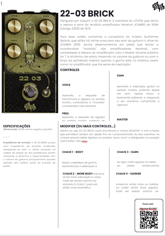 Second screenshot is similar to the first, displaying the same product information page for 22-03 BRICK with text in Portuguese and images of guitar amplifier knobs.