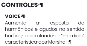 Screenshot of a text box with the heading 'CONTROLES' and subheading 'VOICE' followed by Portuguese text, with extra symbols between words.