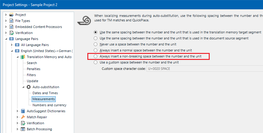 Screenshot of Trados Studio Project Settings showing the Auto-substitution option for Measurements with 'Always insert a non-breaking space between the number and the unit' selected.