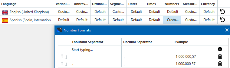 Screenshot of Trados Studio's Number Formats dialog box showing options for 'Thousand Separator' and 'Decimal Separator' for English (United Kingdom) and Spanish (Spain, International Sort).