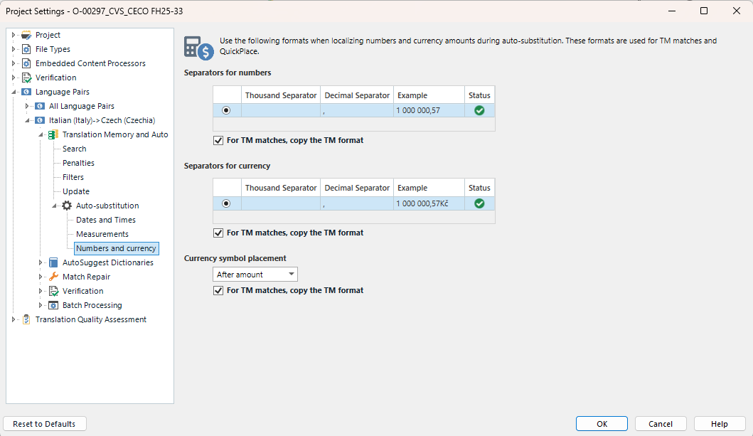 Screenshot of Trados Studio Project Settings showing the 'Numbers and currency' section for Italian to Czech language pair with number and currency formats set to Czech standards.