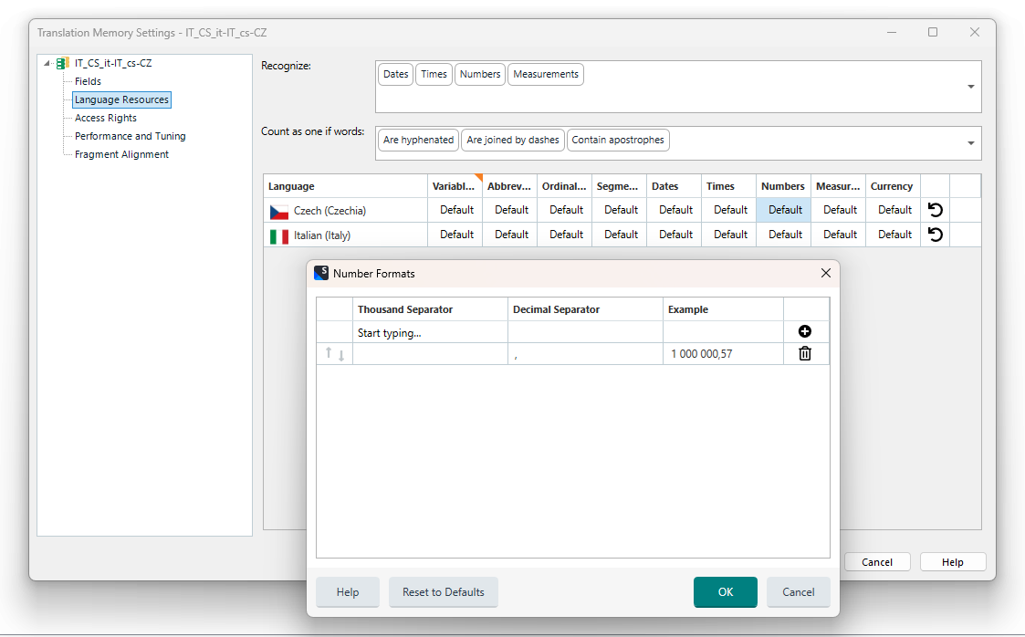 Screenshot of Translation Memory Settings in Trados Studio with focus on Number Formats for Czech and Italian languages, showing fields for Thousand Separator and Decimal Separator.