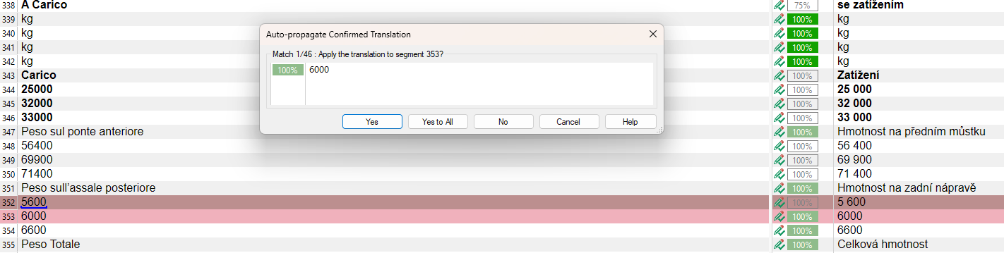 Screenshot of Trados Studio with a dialog box titled 'Auto-propagate Confirmed Translation' asking to apply the translation to segment 353 with a 'Yes', 'Yes to All', 'No', 'Cancel', and 'Help' button options.