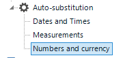 Screenshot showing a section of Trados Studio software with 'Auto-substitution' expanded and 'Numbers and currency' highlighted.