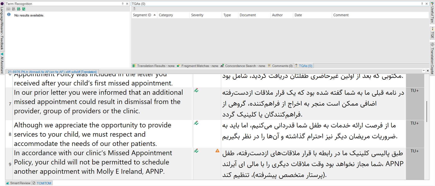 Screenshot of Trados Studio interface showing a translation project with English source text on the left and Persian target text on the right, displayed in left-to-right direction instead of right-to-left.