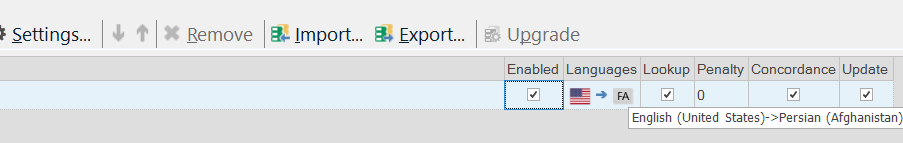 Close-up of Trados Studio settings showing language pair configuration with English (United States) as the source and Persian (Afghanistan) as the target language.