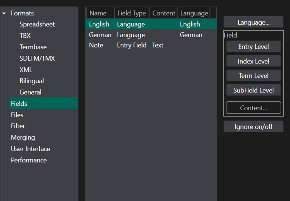 Screenshot of Glossary Converter settings with fields for English and German set as Language and Note set as Entry Field Text.