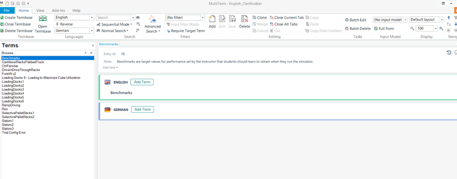 SDL MultiTerm interface showing a term 'Benchmarks' in English with its note, but no German translation provided.