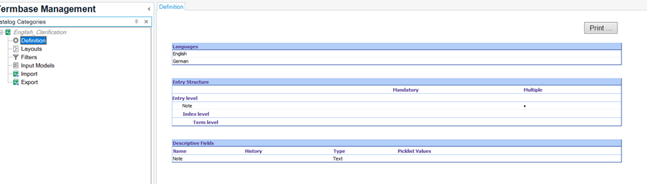 Termbase Management window in SDL MultiTerm with the structure showing Note at Entry level and a Descriptive Fields section.