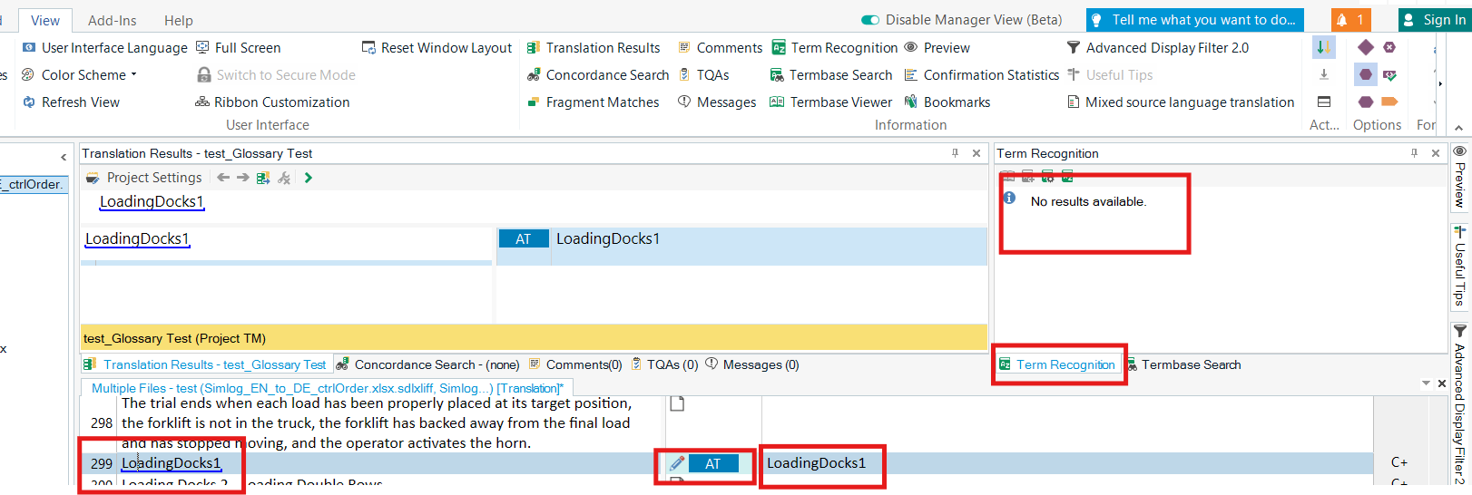 Screenshot of Trados Studio interface showing 'LoadingDocks1' term underlined in blue with 'AT' indicating automatic translation, and a 'Term Recognition' window with 'No results available' message outlined in red.
