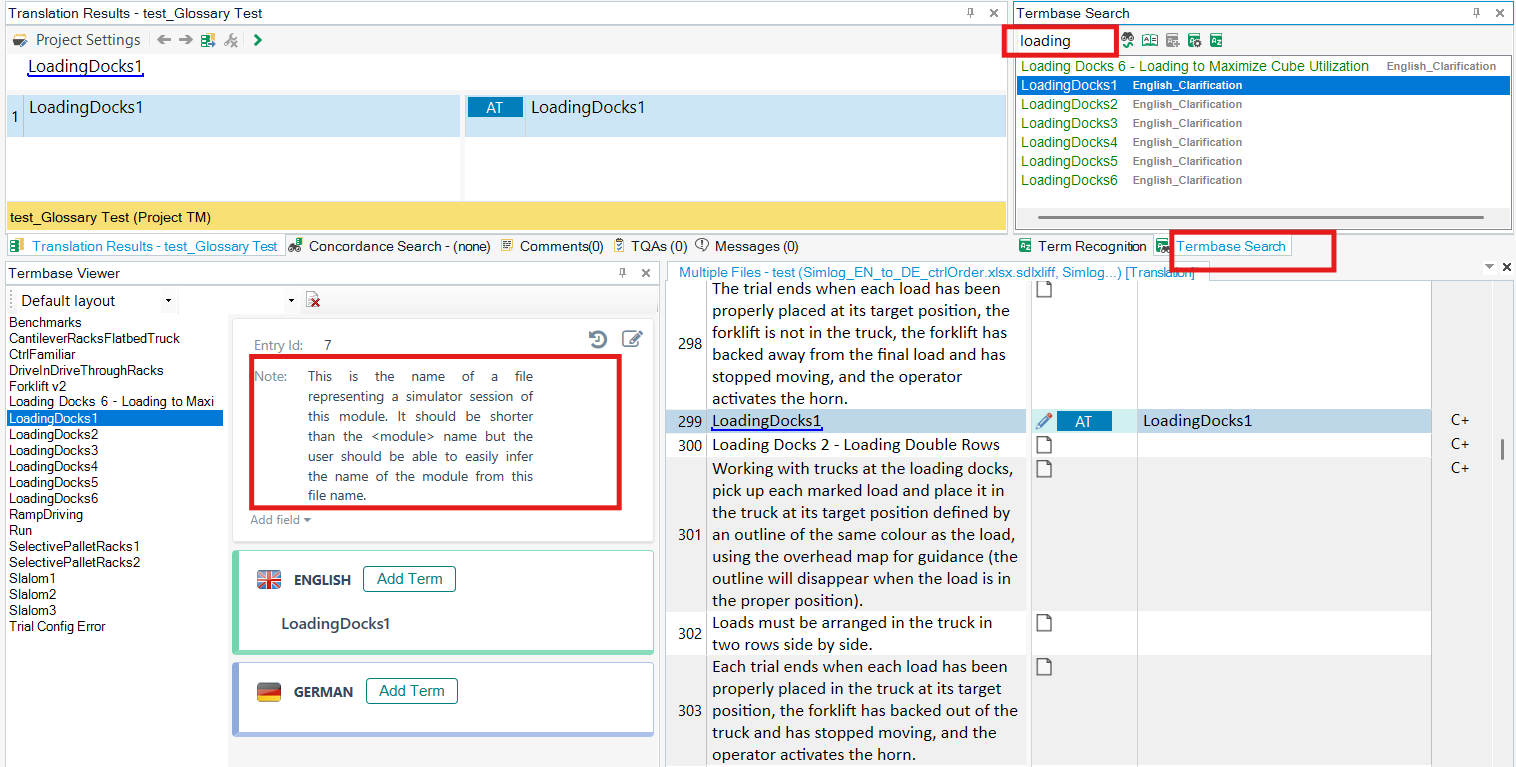 Screenshot of Trados Studio with 'Termbase Viewer' open, displaying an entry for 'LoadingDocks1' with a note, and 'Termbase Search' tab showing 'LoadingDocks1' and related terms in English.