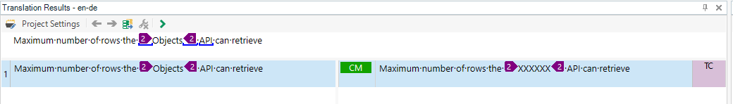 Screenshot of Trados Studio translation results showing a segment with the text 'Maximum number of rows the 2 Objects 2 API can retrieve' with a CM match type.