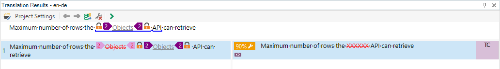Screenshot of Trados Studio with a translation segment 'Maximum number of rows the 2 Objects 2 API can retrieve' displaying a 90% match and a warning symbol.