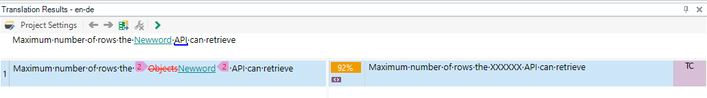 Screenshot of Trados Studio with a translation segment 'Maximum number of rows the Newword API can retrieve' showing a 92% match and a warning symbol.