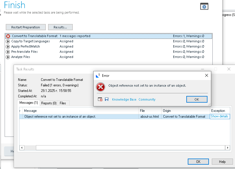 Screenshot of Trados Studio error message during 'Convert to Translatable Format' task. It reads 'Object reference not set to an instance of an object' for file 'about-us.html'.