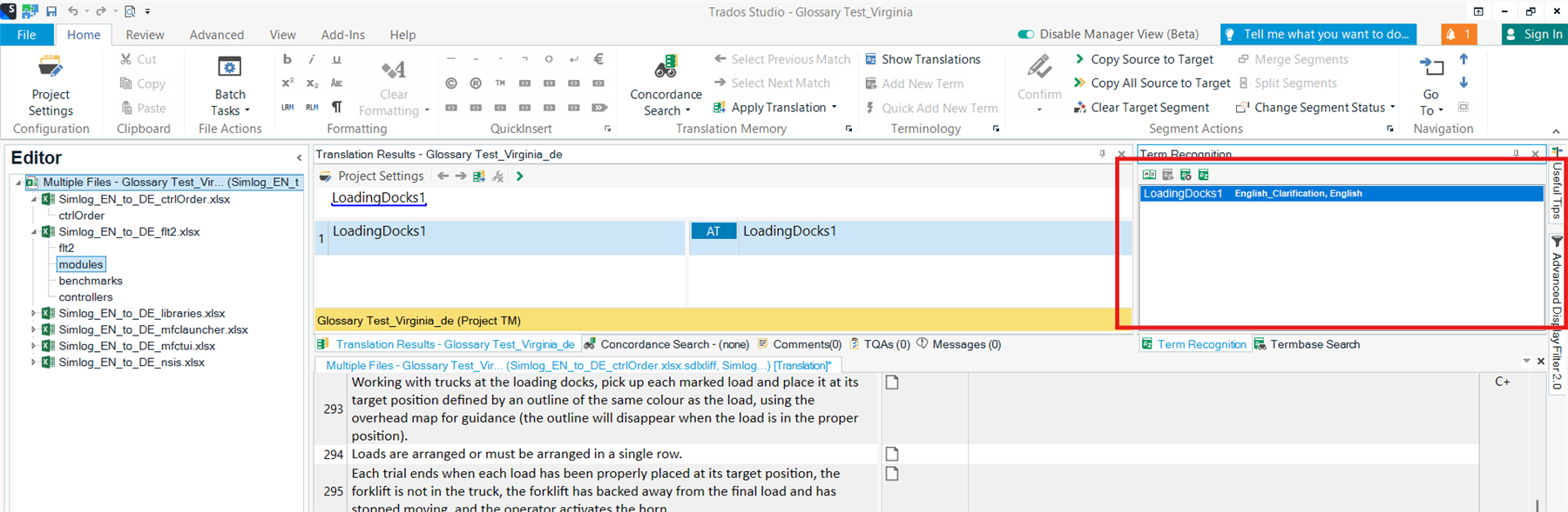 Screenshot of Trados Studio interface showing the Editor workspace with a project file list on the left, a translation segment in the center, and a partially visible Term Recognition window on the right with the term 'LoadingDocks1'.