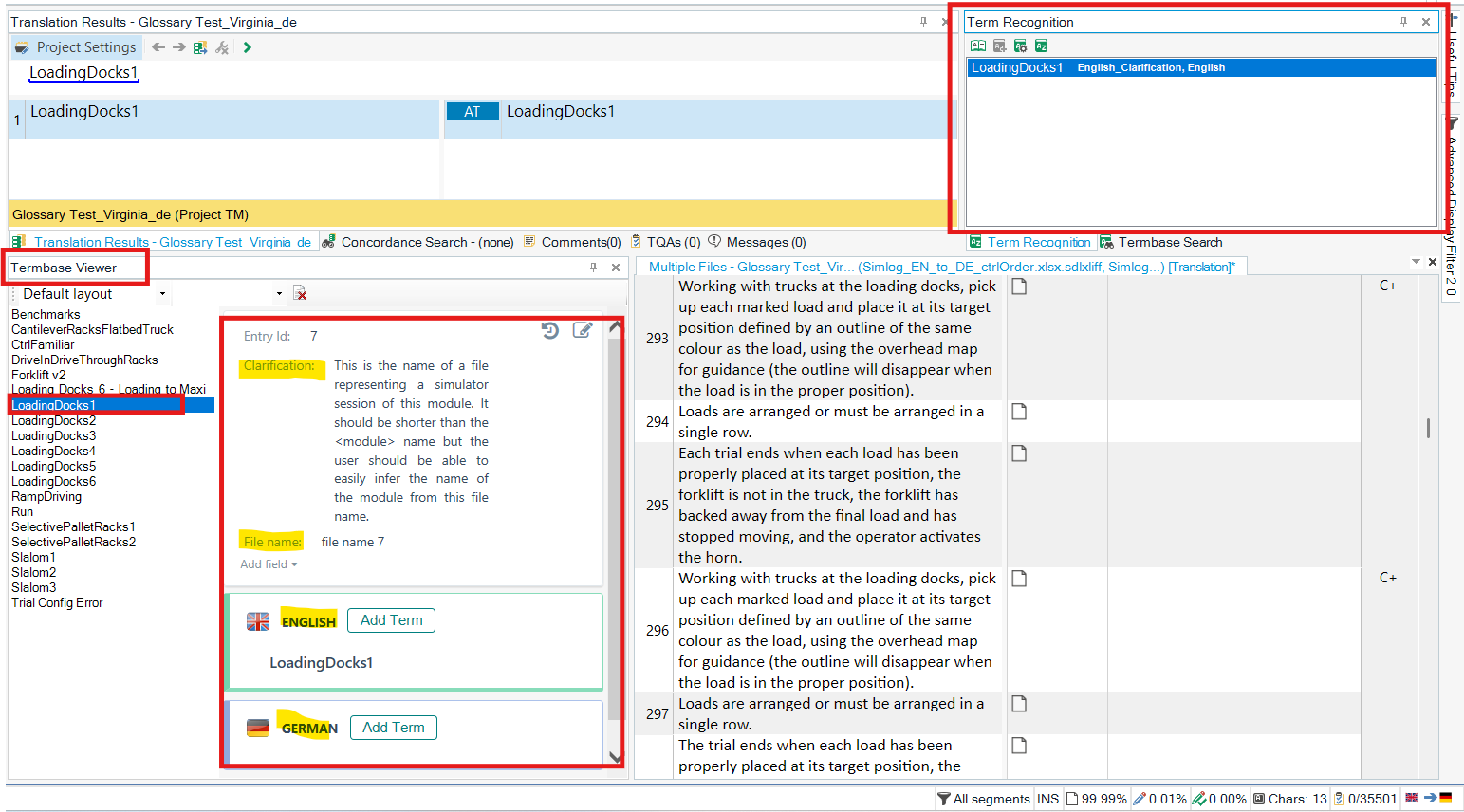 Screenshot of Trados Studio with the Termbase Viewer window open, displaying details for the term 'LoadingDocks1' including an English clarification and a German translation.