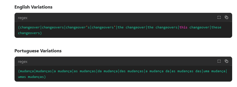 Screenshot showing English and Portuguese variations of terms in regex format within a text editor.