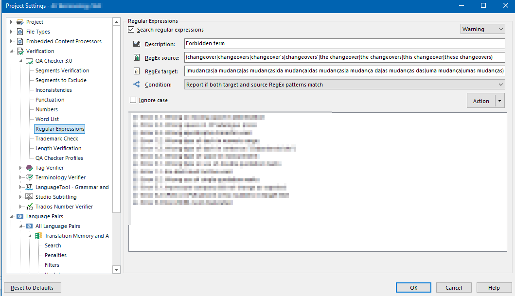 Screenshot of Trados Studio's QA Checker 3.0 settings with Regular Expressions tab open, showing forbidden term conditions.