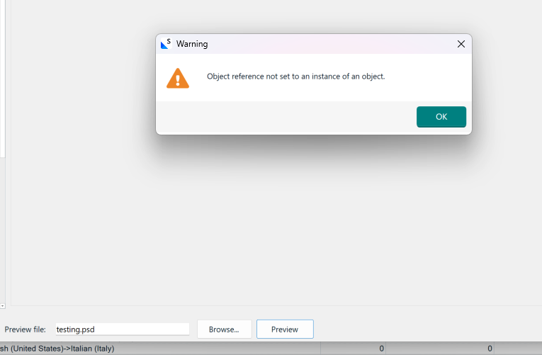 Warning dialog box in Trados Studio with message 'Object reference not set to an instance of an object' and an 'OK' button.