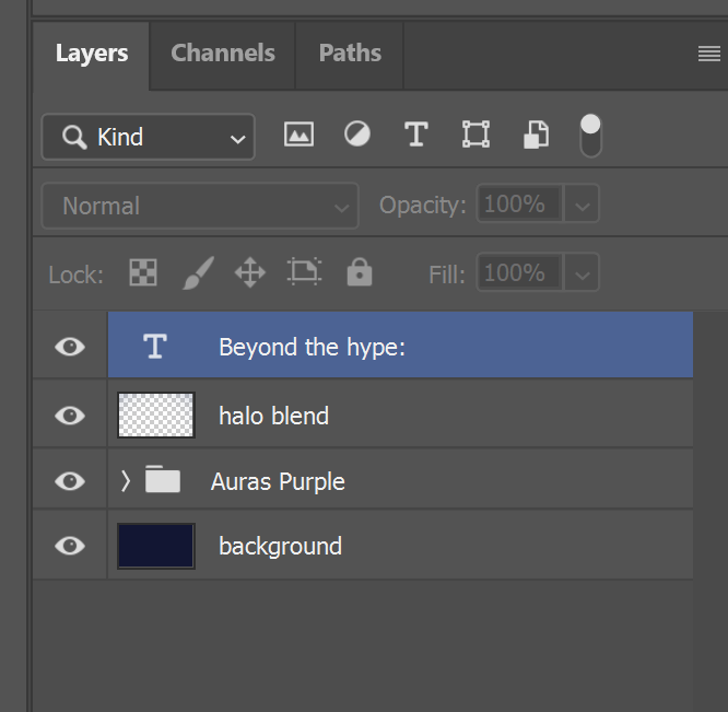 Adobe Photoshop interface showing layers panel with layers named 'Beyond the hype:', 'halo blend', 'Auras Purple', and 'background'.