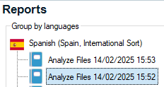 Screenshot of Trados Studio Reports view showing two analysis reports for Spanish (Spain, International Sort) dated 14022025 at 15:53 and 15:52.